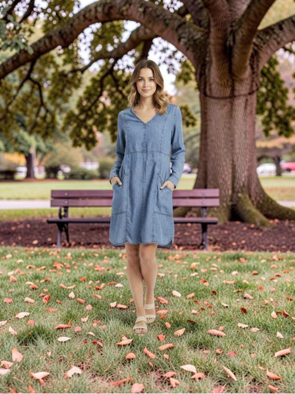 Women’s S Velvet Heart Lightweight Denim V-Neck Dress w/Tortoise Button Detail